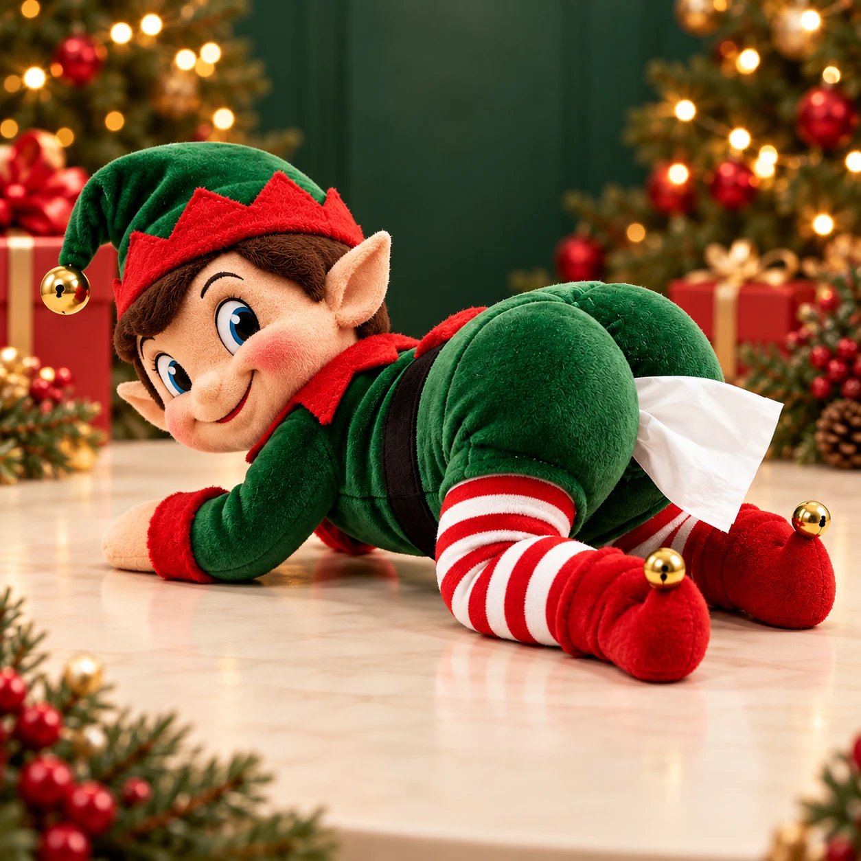 Cheeky Elf tissue holder surrounded by Christmas trees, warm lights, and red gifts