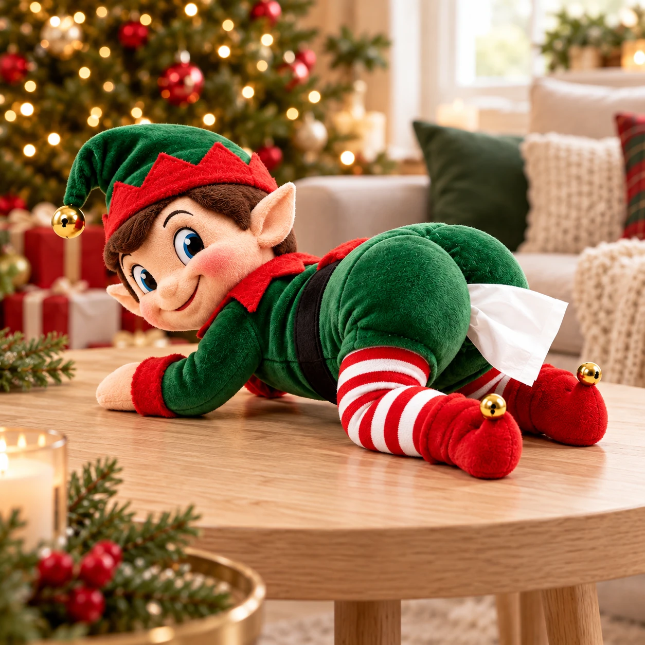 Cheeky Elf on a table beside a glowing Christmas tree